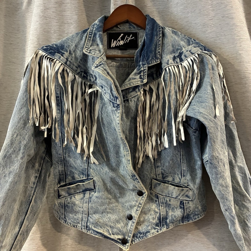 Vtg Winlit Acid Wash Denim Fringe Jacket Suede Tassels Western Boho Rocker M - Picture 3 of 10